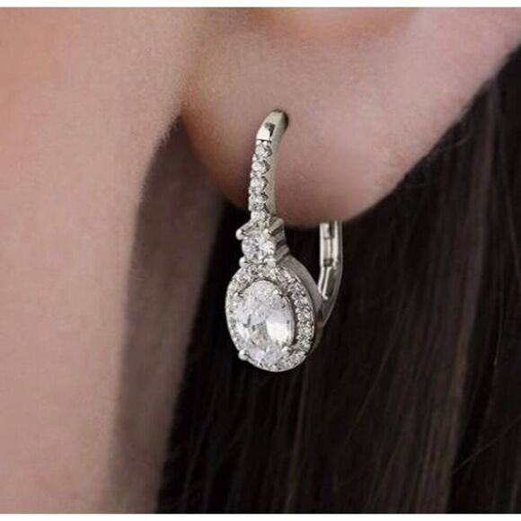 925SS Rhodium Plated Oval & Round Cut Halo Design Sim Diamond Leverback Earrings - Picture 2 of 3